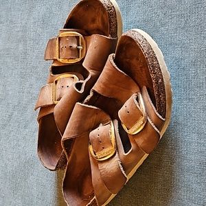 Birkenstock Brown Leather Big Buckle Gold Size 39